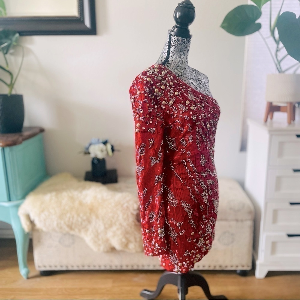 Dundas x Revolve Jett Sequin Embellished One-Shoulder Mini Dress in Red, Small - Picture 6 of 17